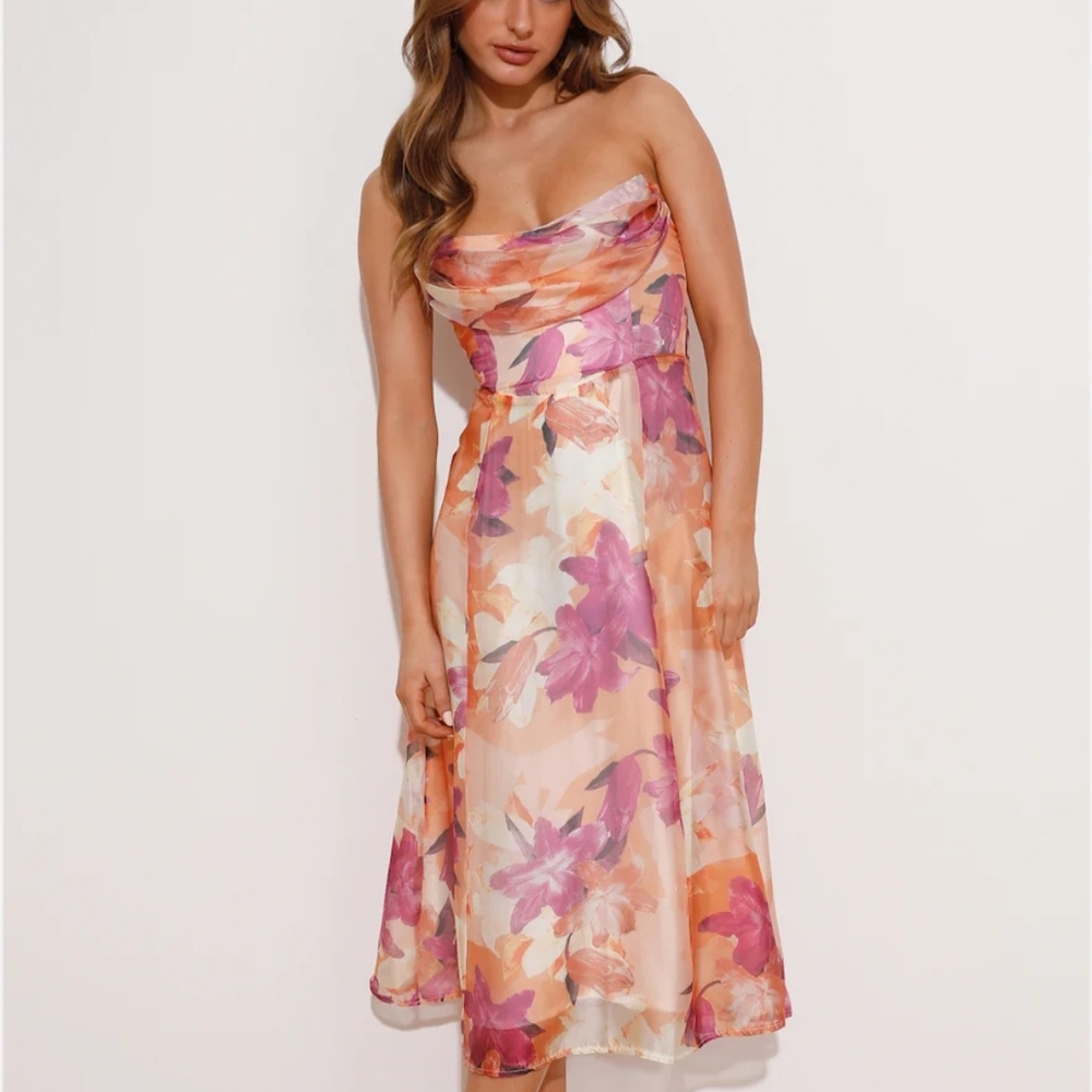 Hello Molly Strapless Floral Dress - Pink and Orange